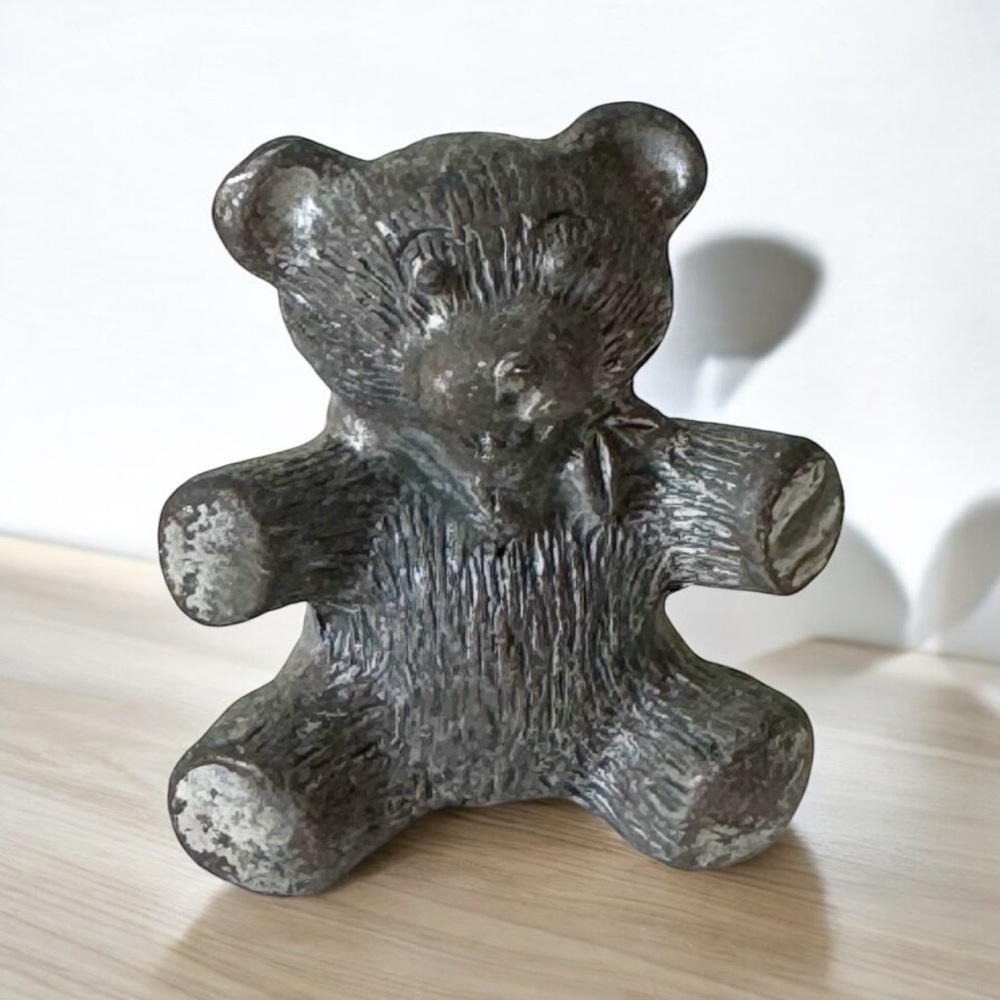 Adorable Small Pewter Teddy Bear with Fancy Bow 1980s Vintage